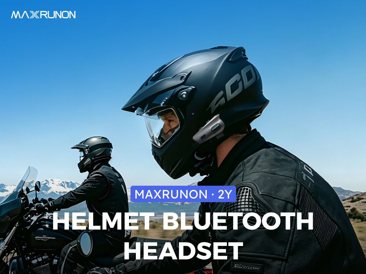 MAXRUNON 2Y helmet Bluetooth headset installed on motorcycle riders in snowy mountains