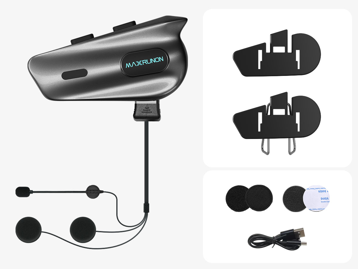 MAXRUNON 2Y helmet Bluetooth headset package list with main unit and accessories