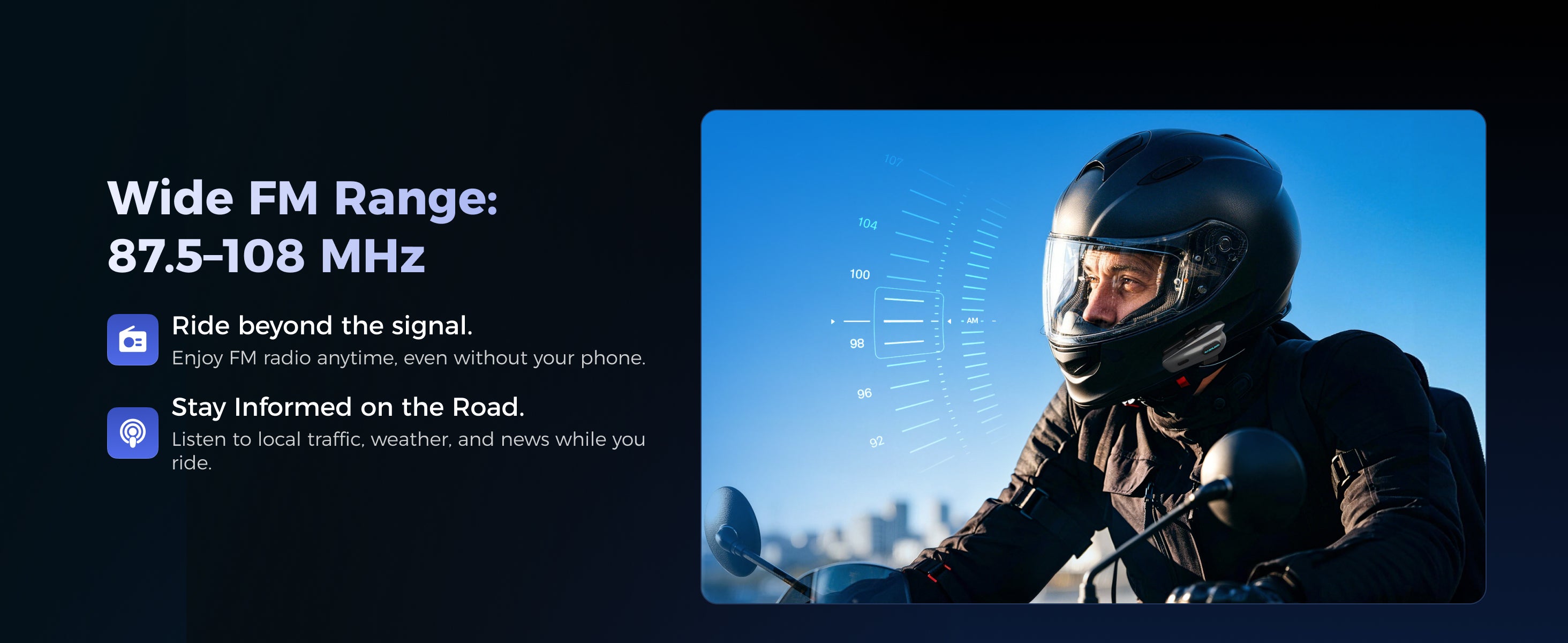 MAXRUNON 2Y helmet headset with FM radio functionality for traffic and weather updates
