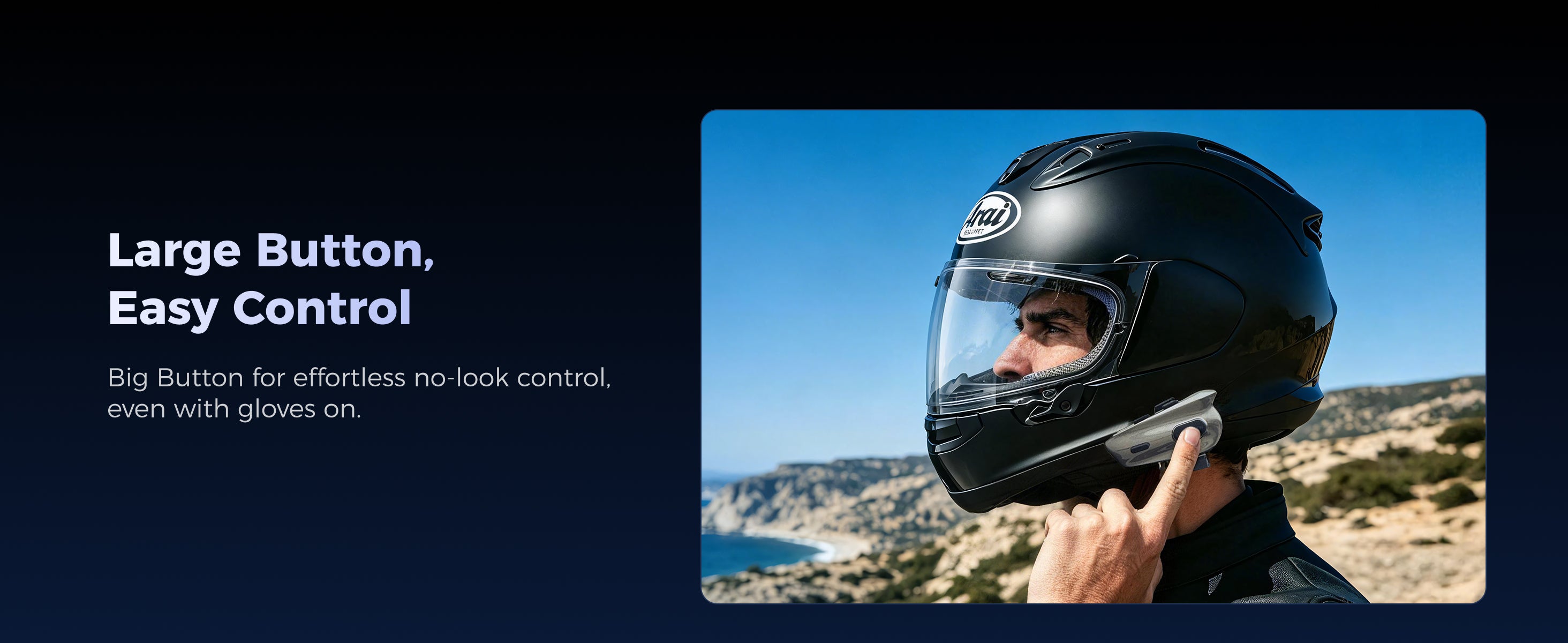 Close up of easy to use large button on MAXRUNON 2Y helmet intercom device