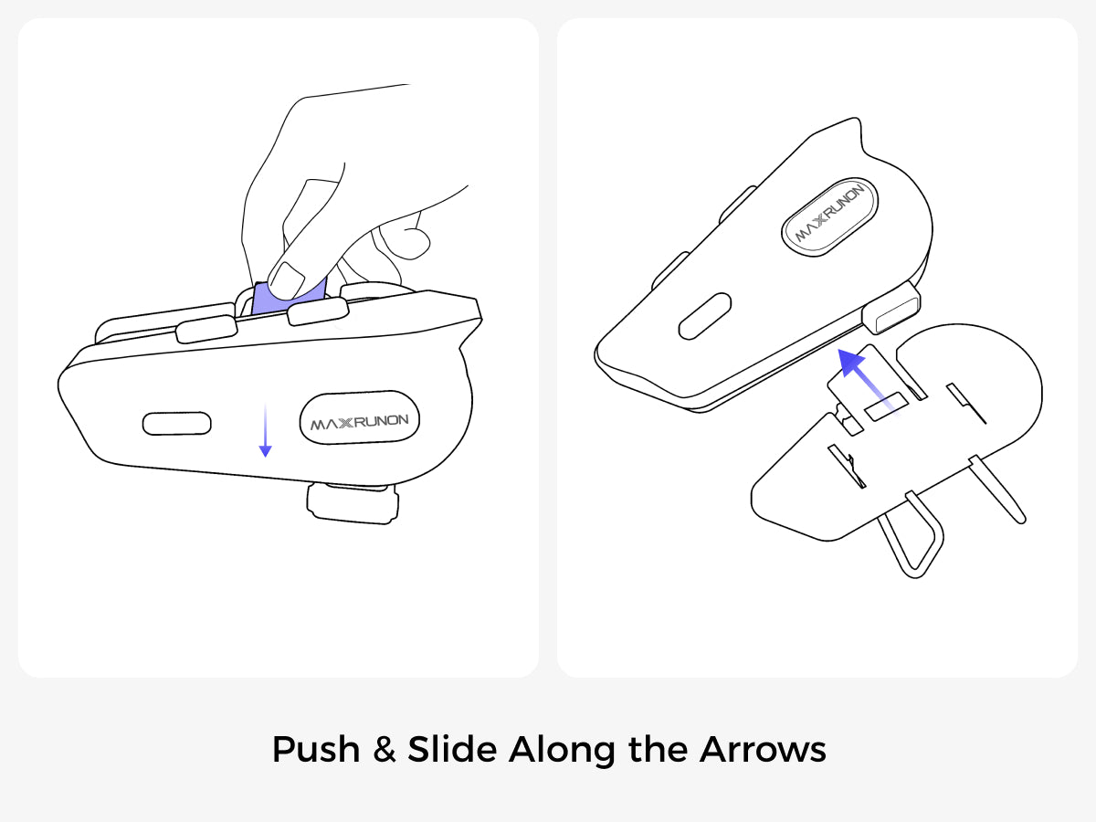 Instruction line drawing showing how to remove MAXRUNON 2Y helmet intercom by sliding